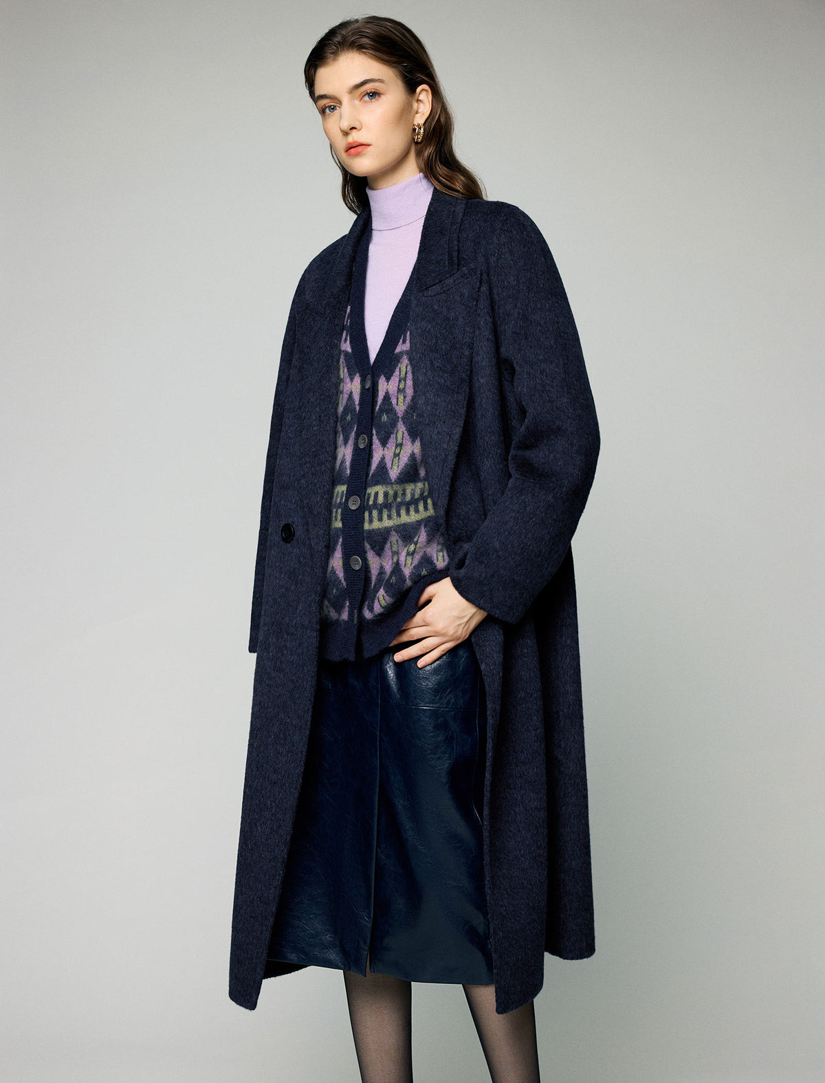 Wool Blend Notched-Lapel Double-Breasted Relaxed Long Coat