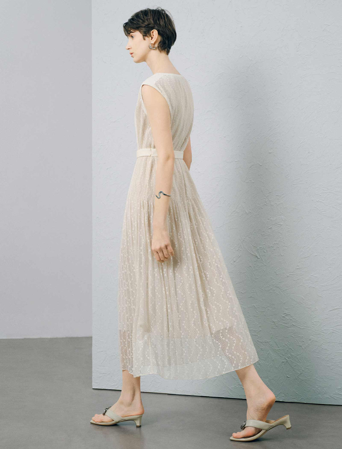 Wave Lace Boat Neck Belted Pleated Midi Dress