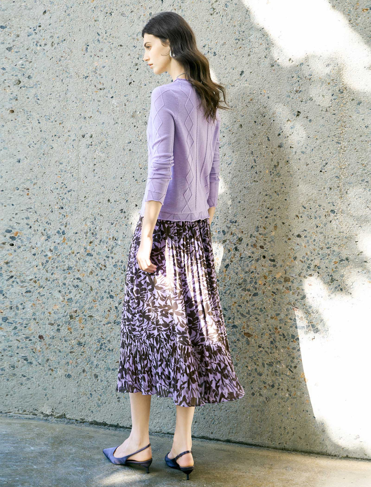 Lavender And Brown Floral Tiered Midi Skirt