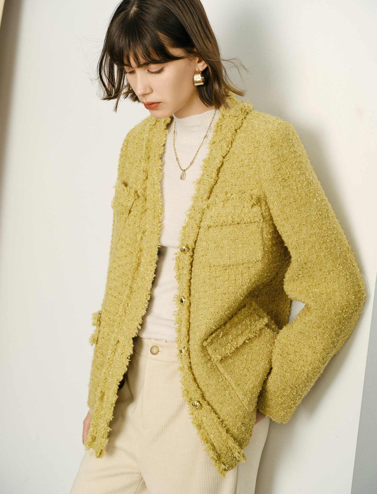 Tweed Wool-Blend V-Neck Jacket