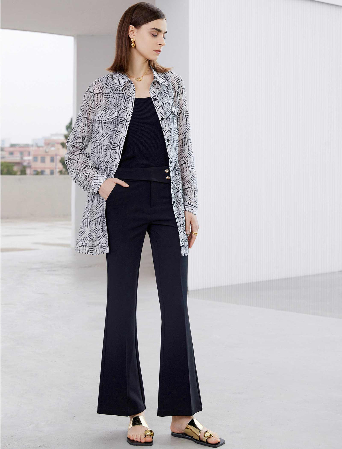 Tencel Abstract Print Drawstring Shirt