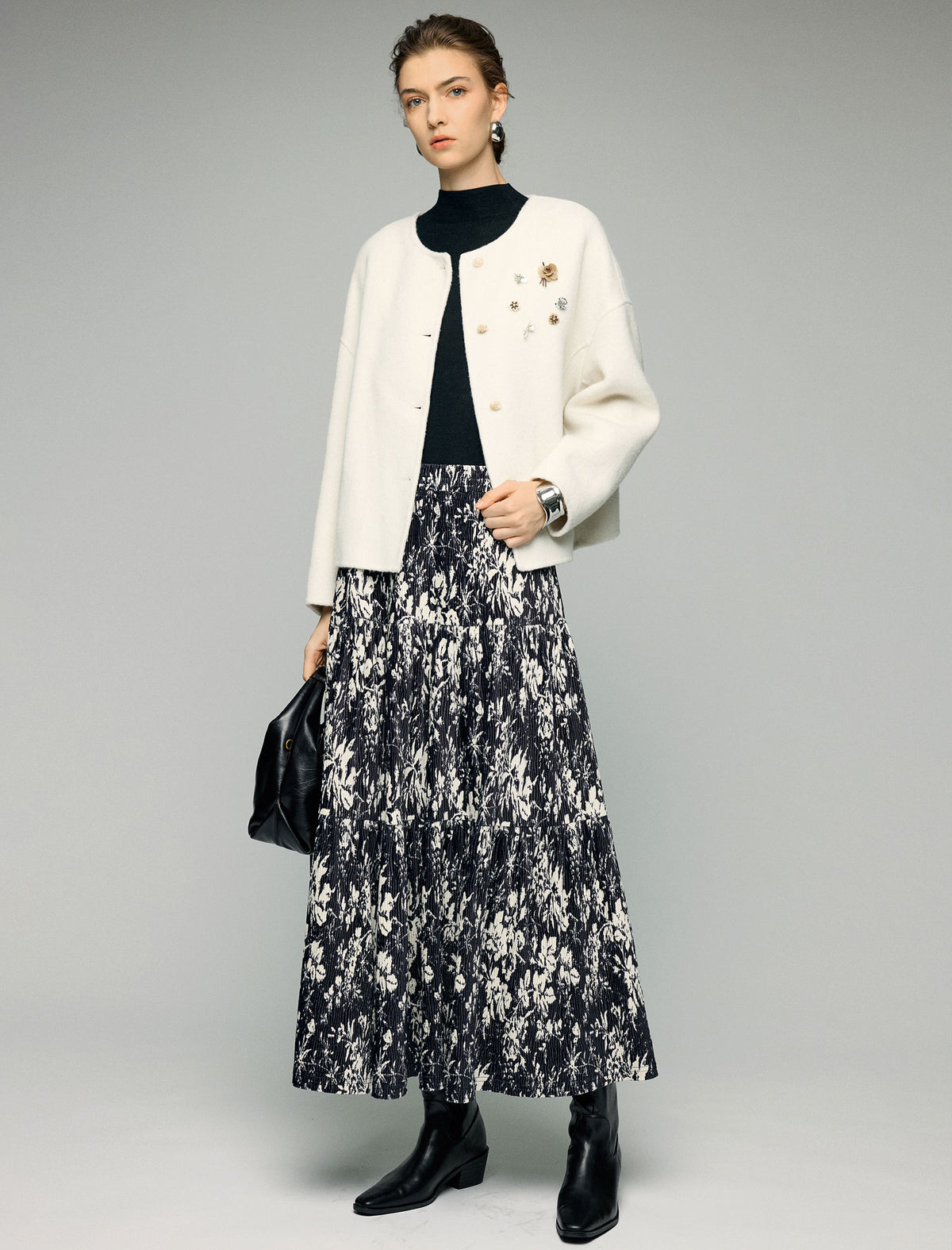 Wool Blend Beaded Floral Applique Crewneck Cropped Jacket