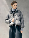 Wave-Quilted Stand-Collar Balloon-Sleeve Cropped Puffer Jacket