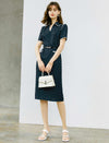 V-Neck Polka Dot Waist-Cinched Fitted Dress