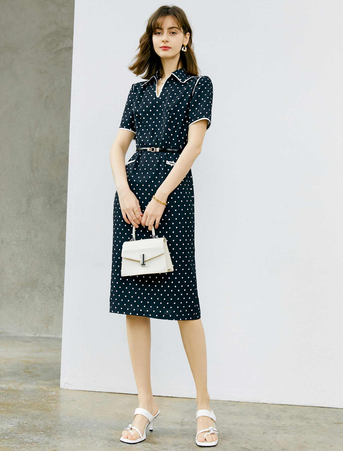 V-Neck Polka Dot Waist-Cinched Fitted Dress