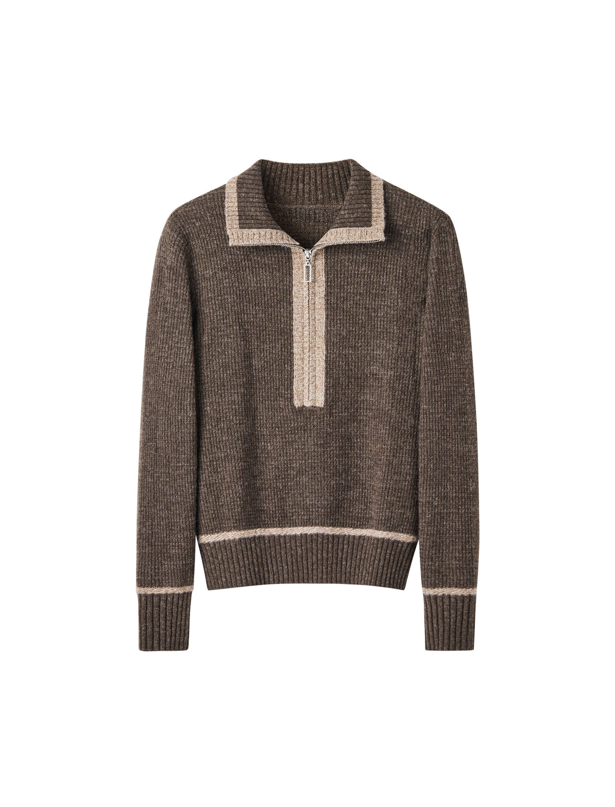 Half‑Zip Ribbed Wool Blend Sweater with Contrast Trim