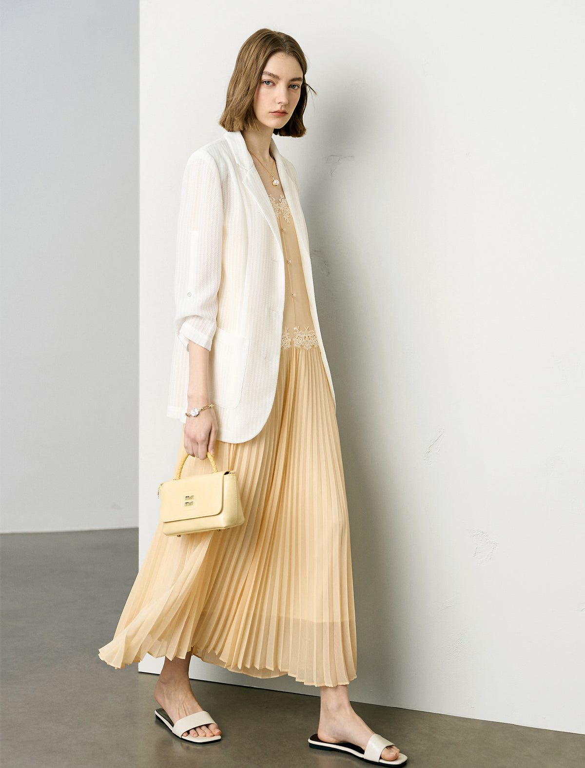 Chic Lace Embellished Pleated Slip Midi Dress