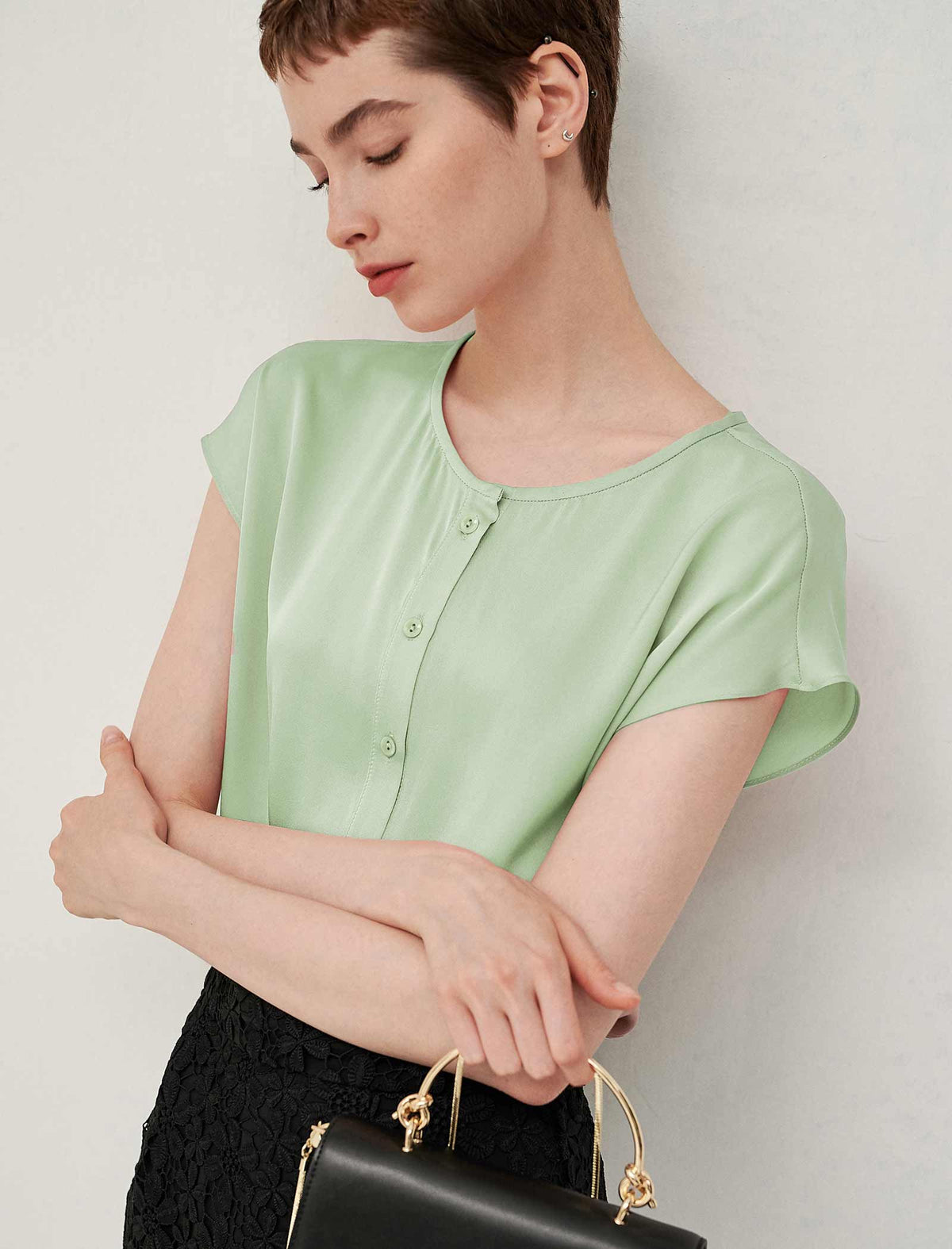 Silk Button Detail Flutter Sleeve Shirt