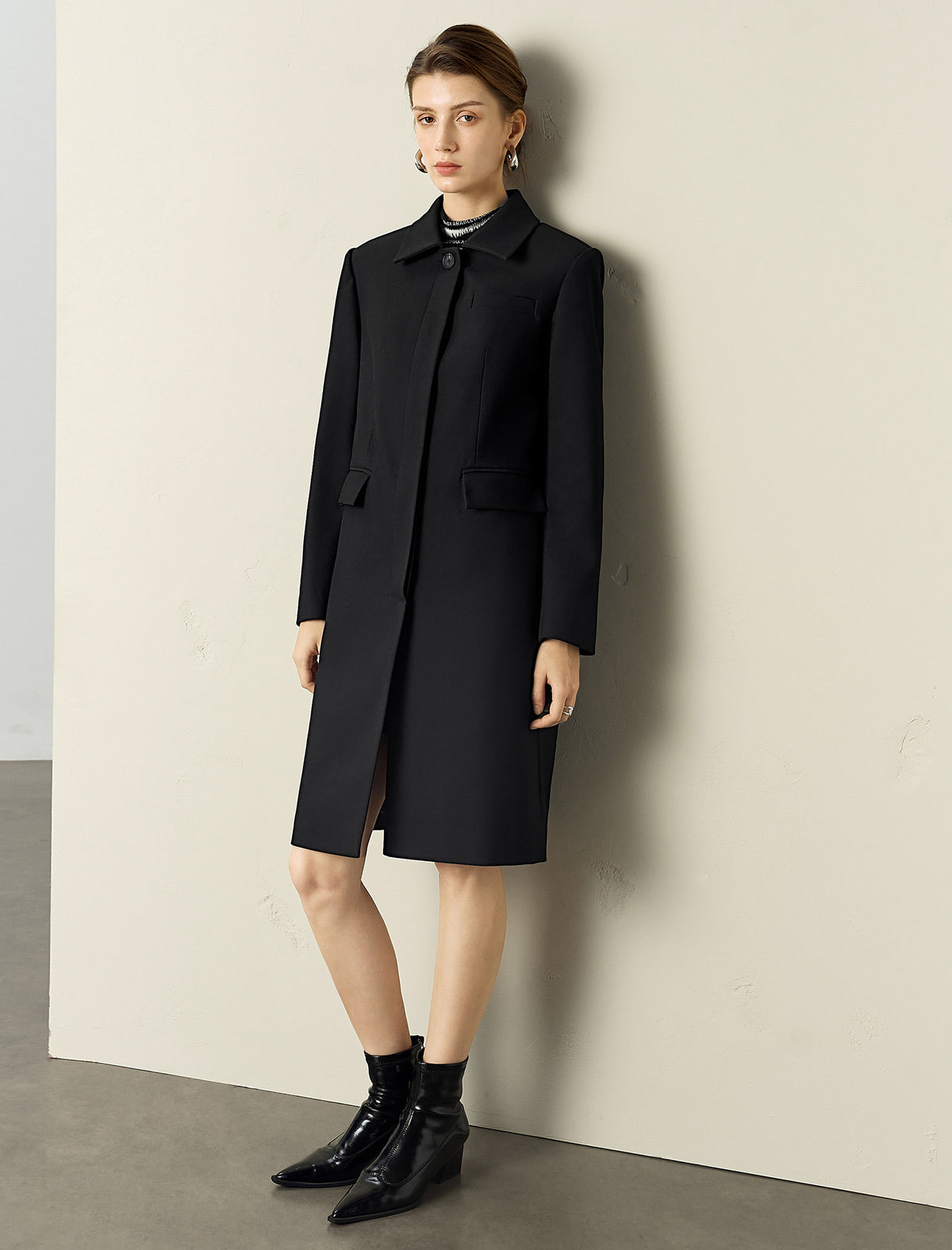 Black Stand-Collar Single-Breasted Trench Coat