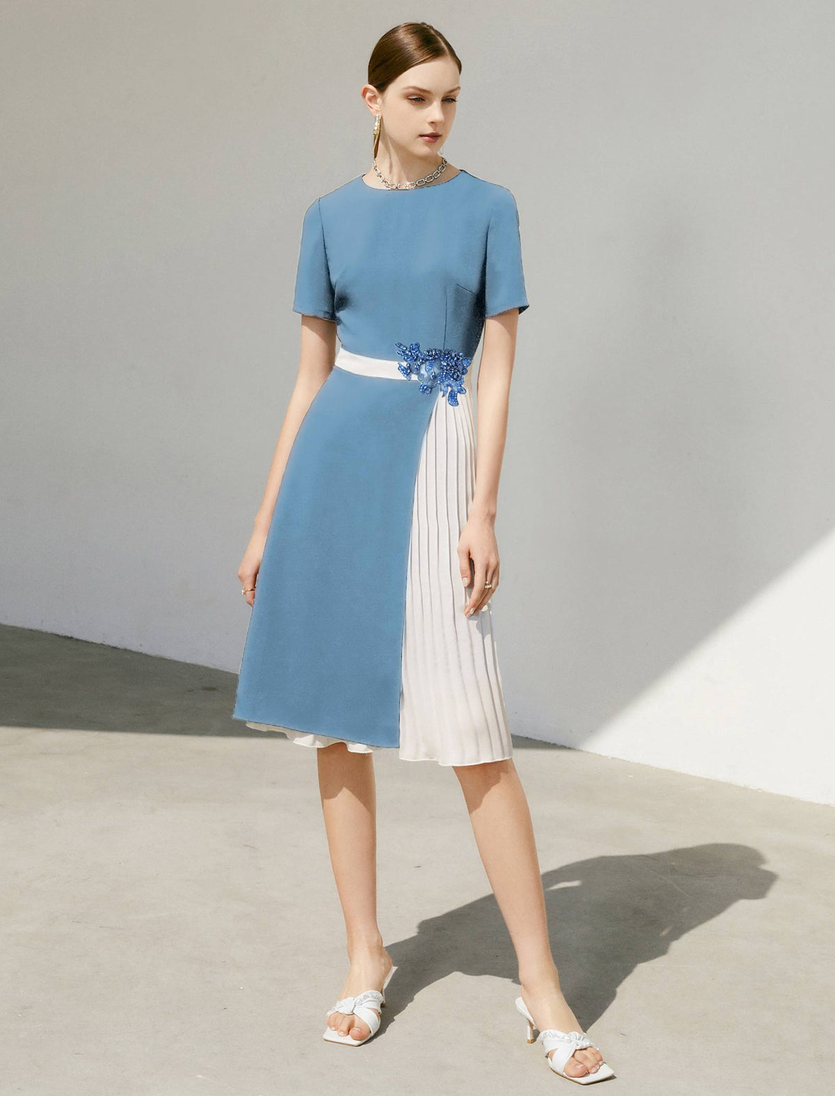 Round Neck Asymmetric Color-Block Dress
