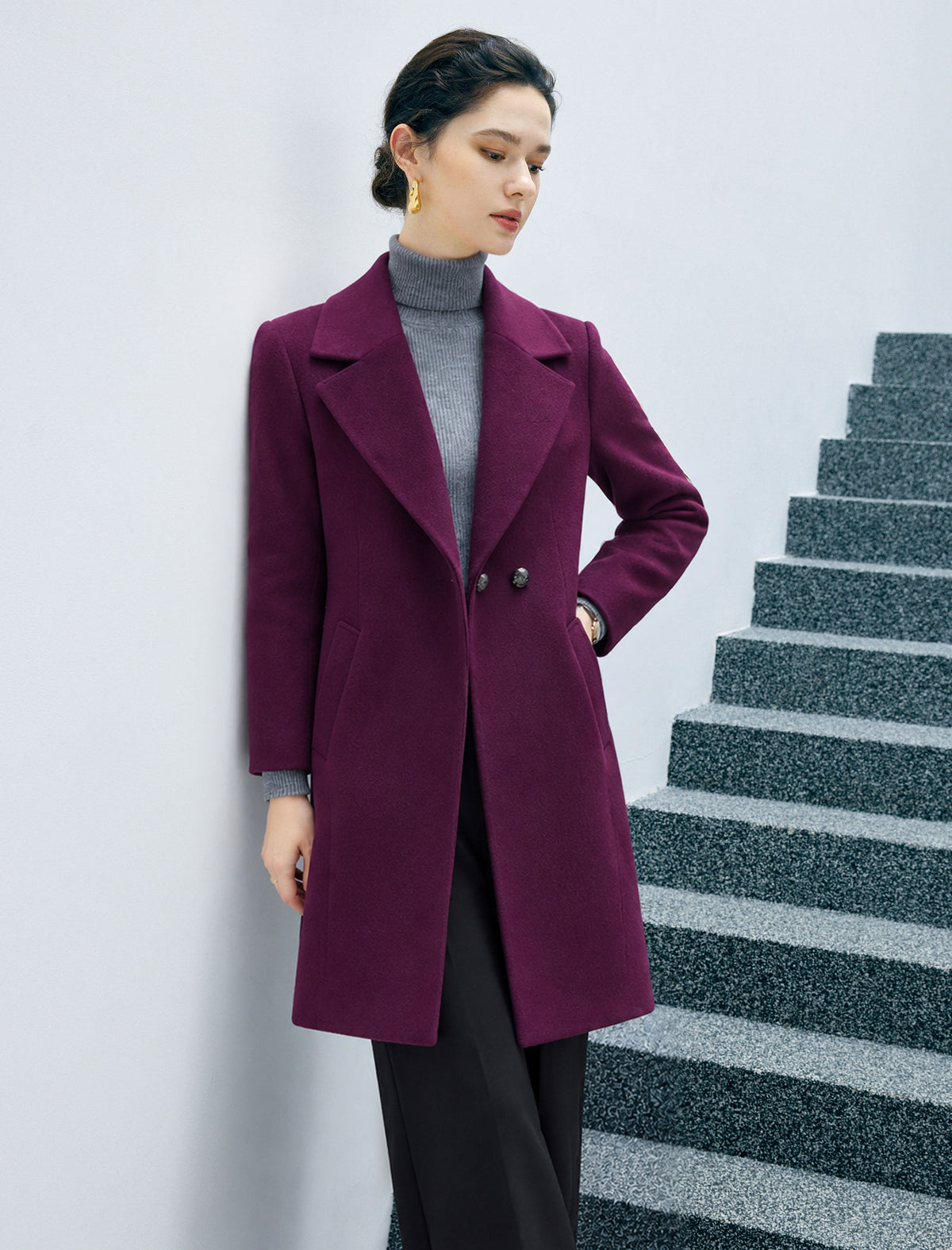 Wool Blend Solid Double-Breasted Relaxed Coat