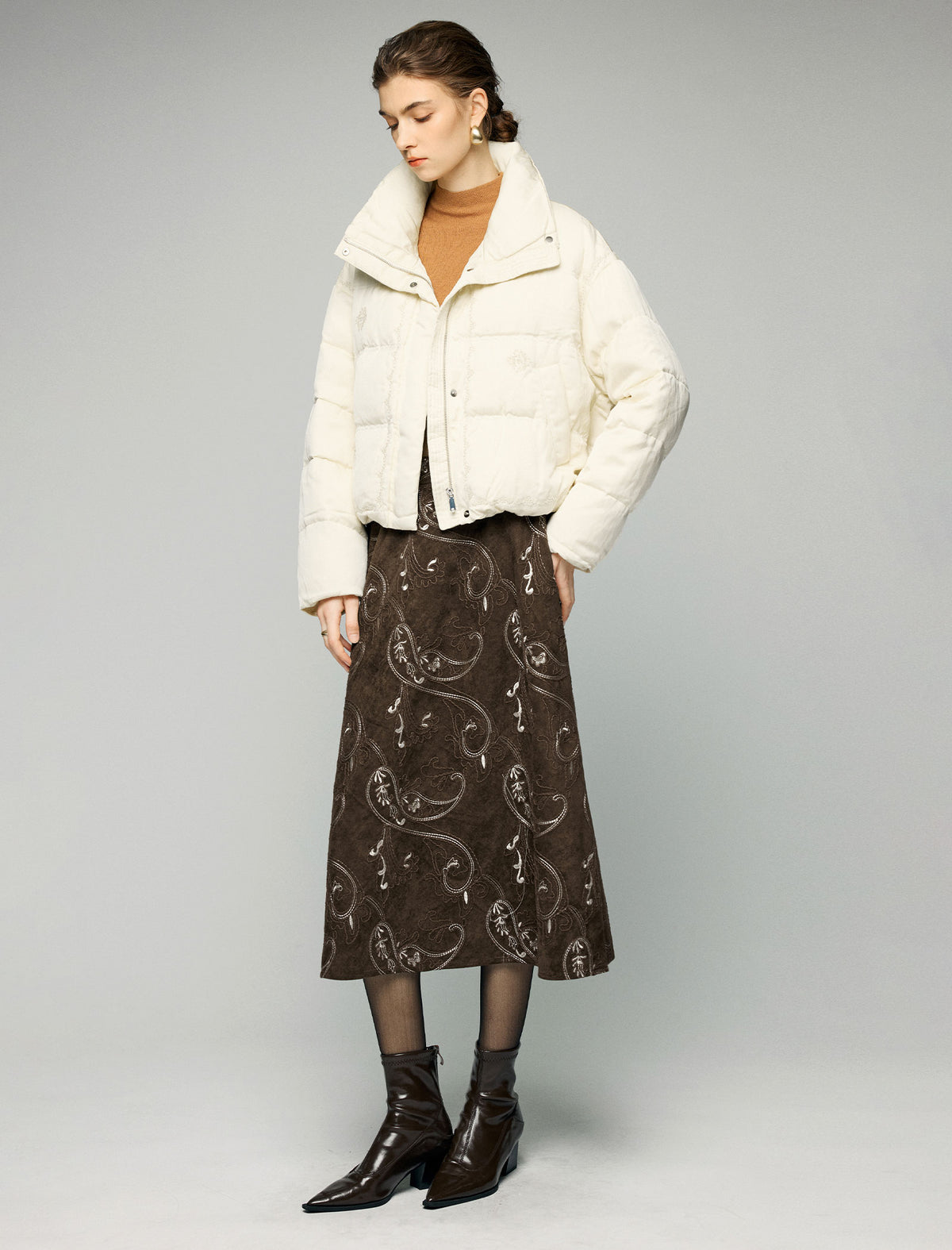 Textured Stand-Collar Zip-Front Cropped Puffer Jacket