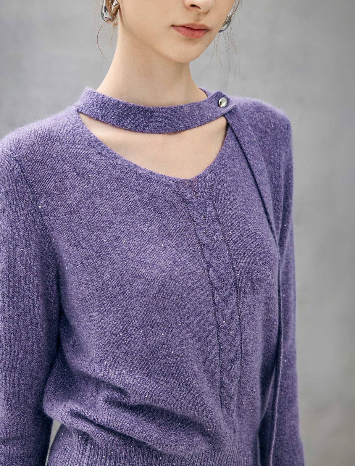 Wool Blend Shimmer Tie-Neck Cable-Knit Sweater