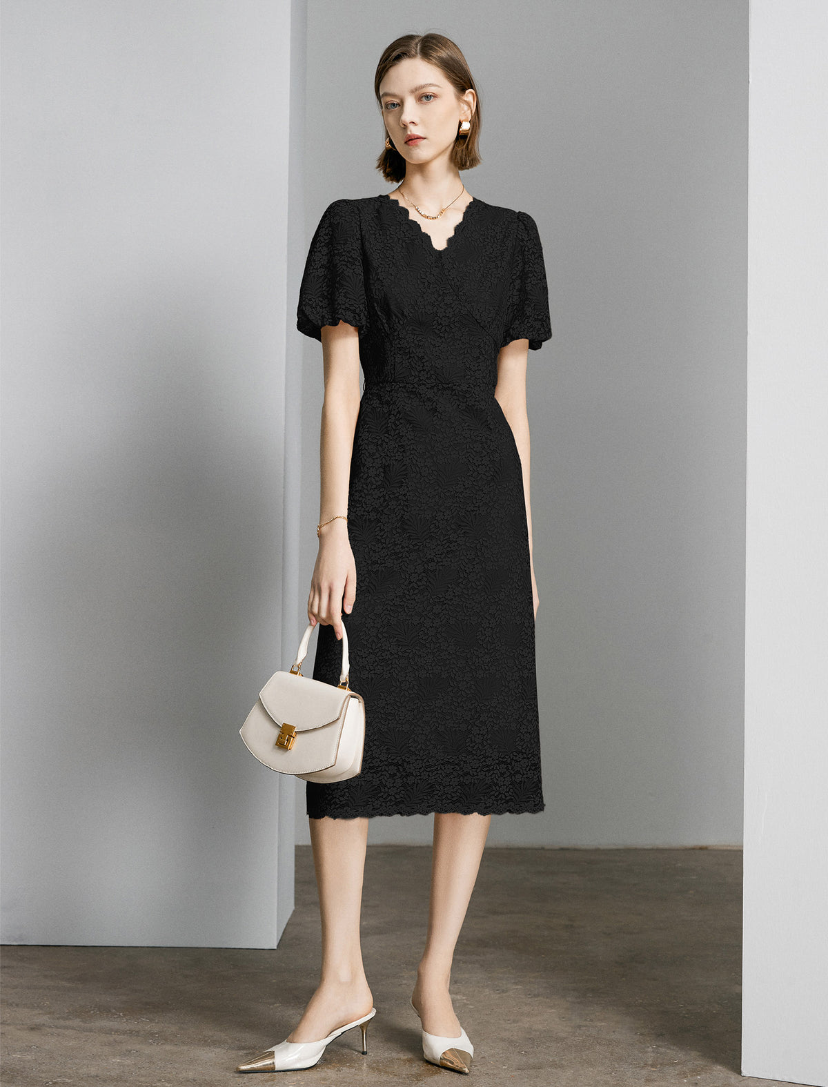 Lace Floral V-Neck Puff Sleeve Midi Dress