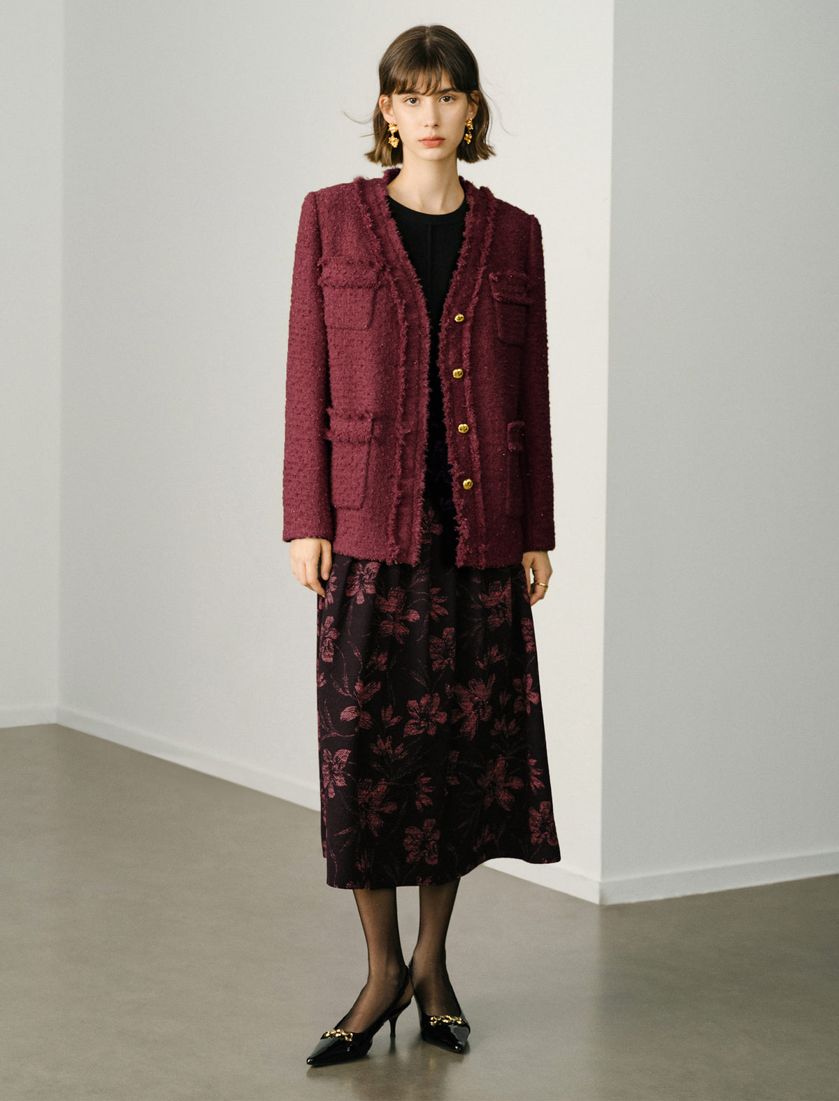 Tweed Wool-Blend V-Neck Jacket