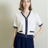 V-Neck Contrast Trim Short Sleeve Knit Cardigan - White