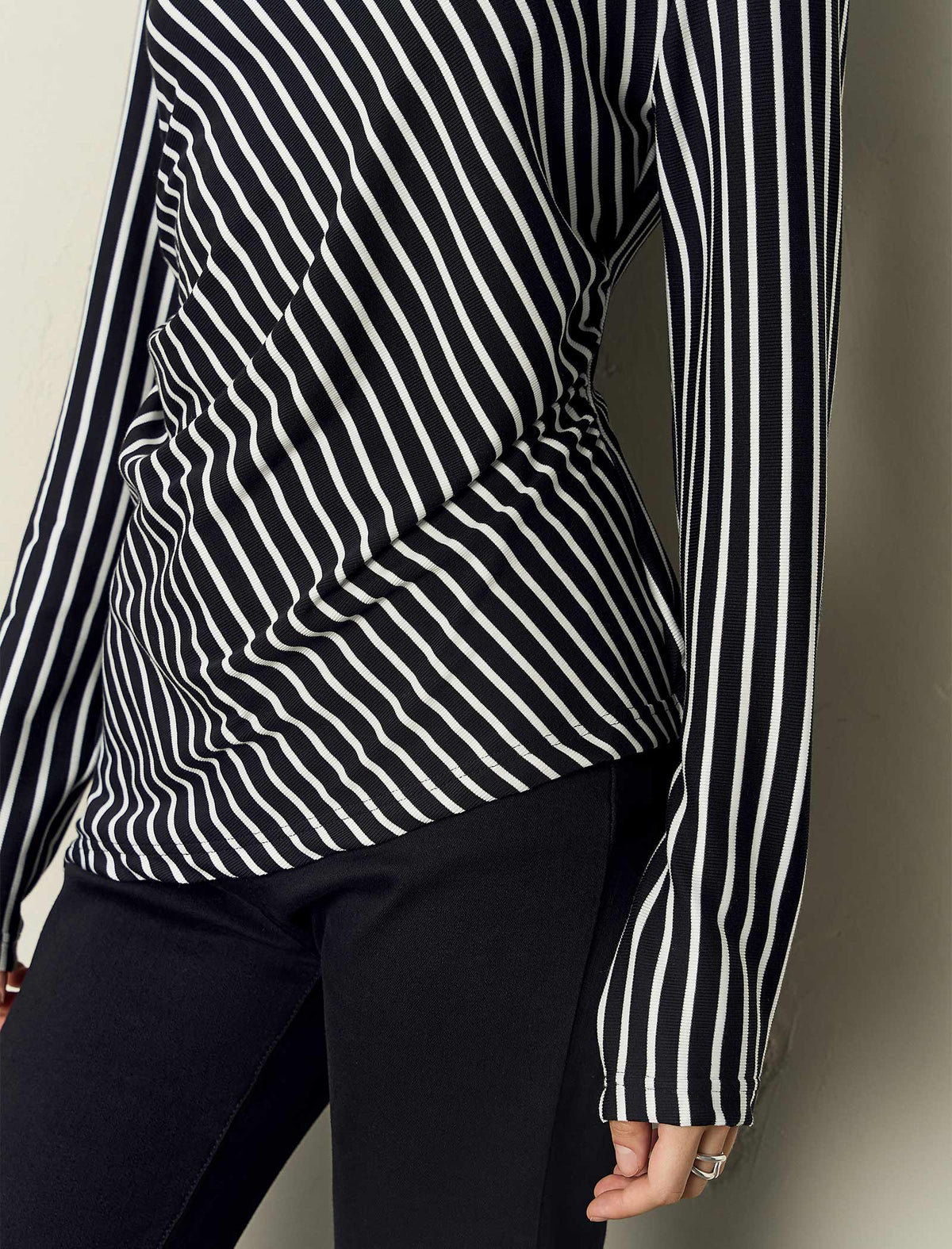 Stripe Long-Sleeve Side-Ruched Top