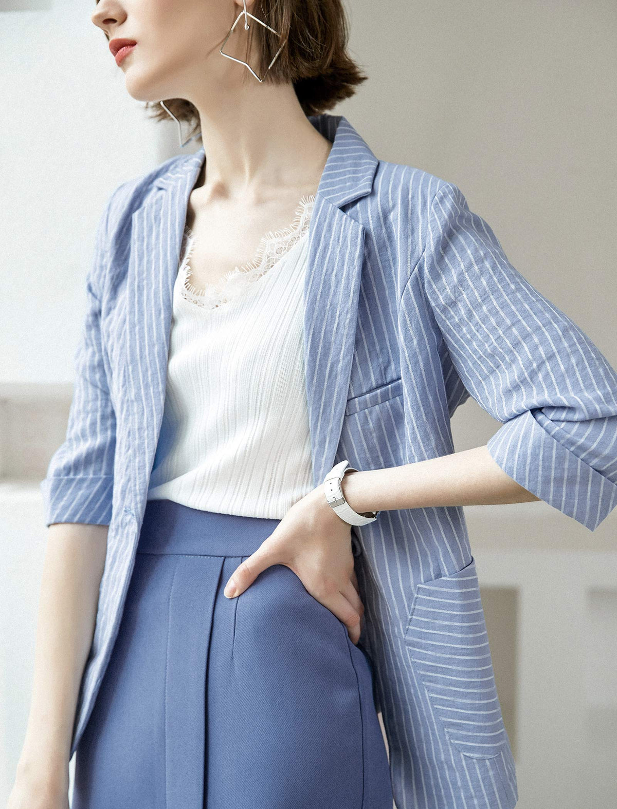 Light Blue Striped 3/4 Sleeve Blazer