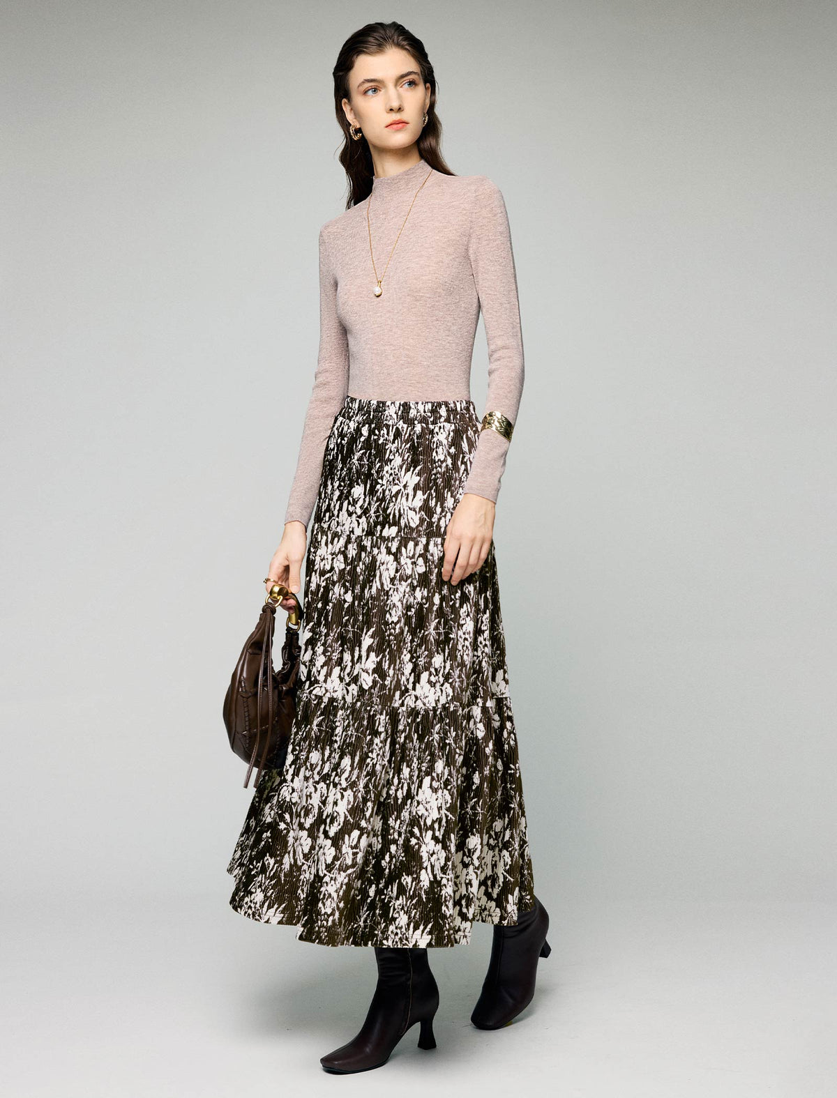 Watercolor Floral Tiered Elastic-Waist A-Line Midi Skirt