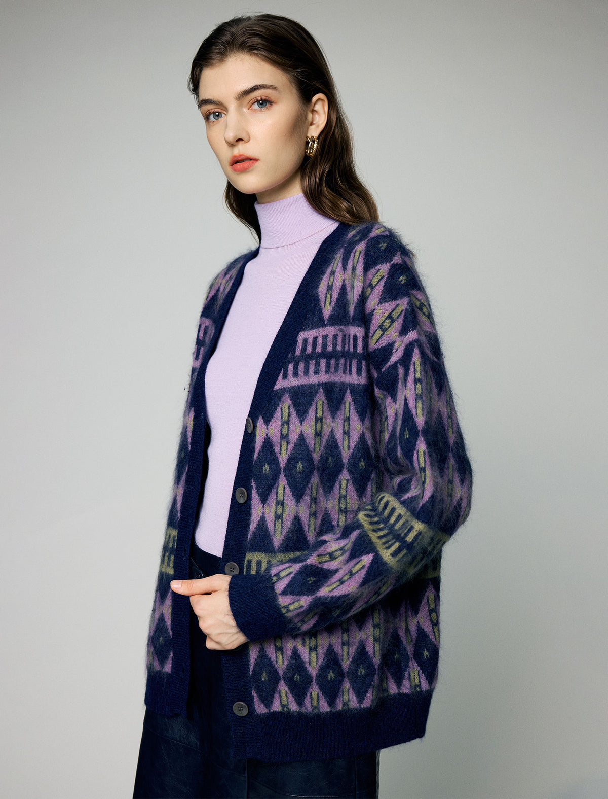 Wool and Mulberry Silk Blend Geometric V-Neck Button-Front Cardigan