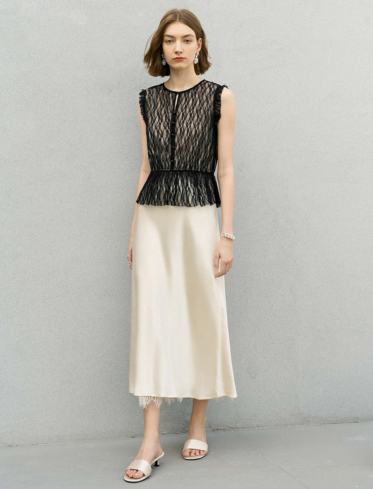 Solid Color Lace Hem Midi Skirt