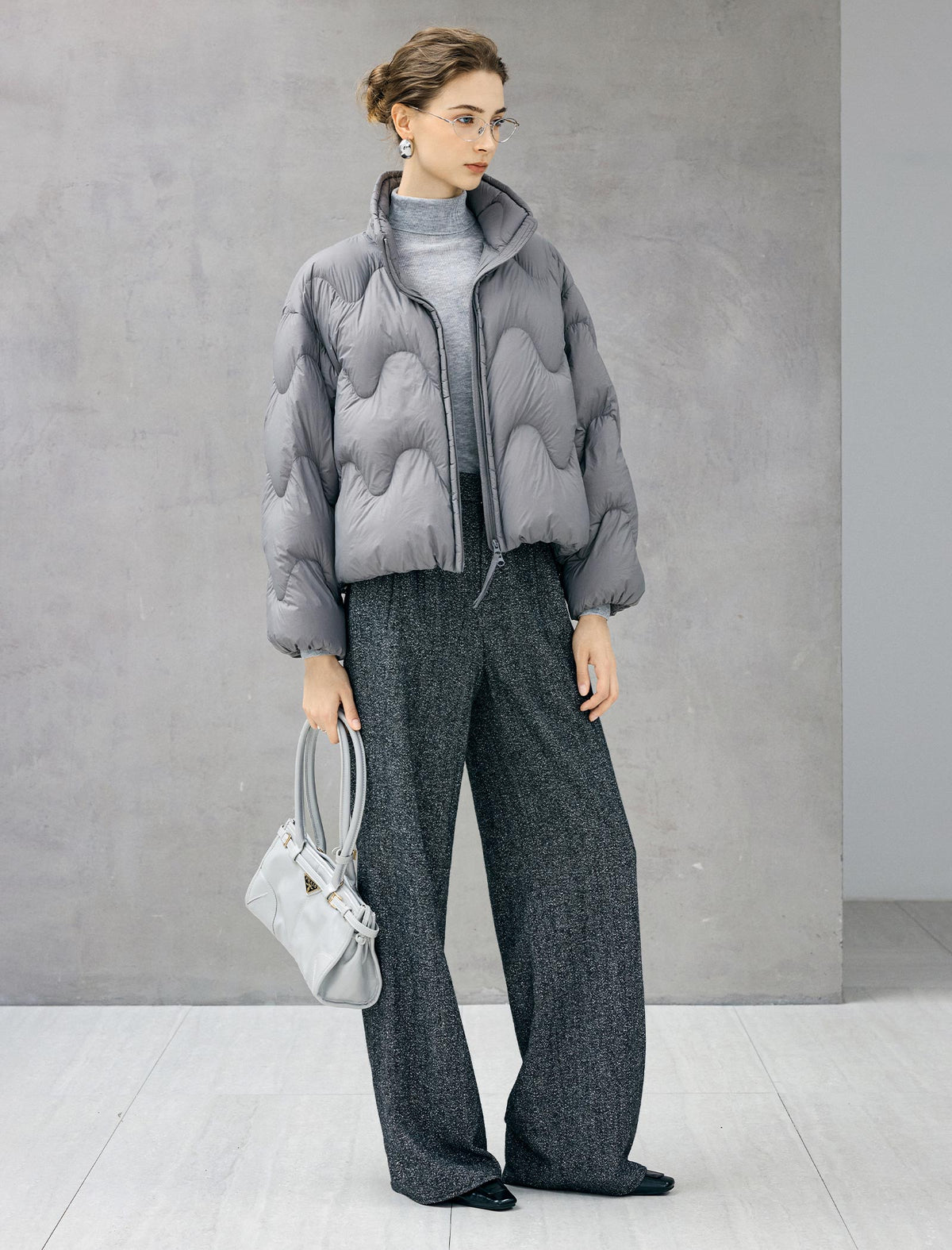 Wave-Quilted Stand-Collar Balloon-Sleeve Cropped Puffer Jacket