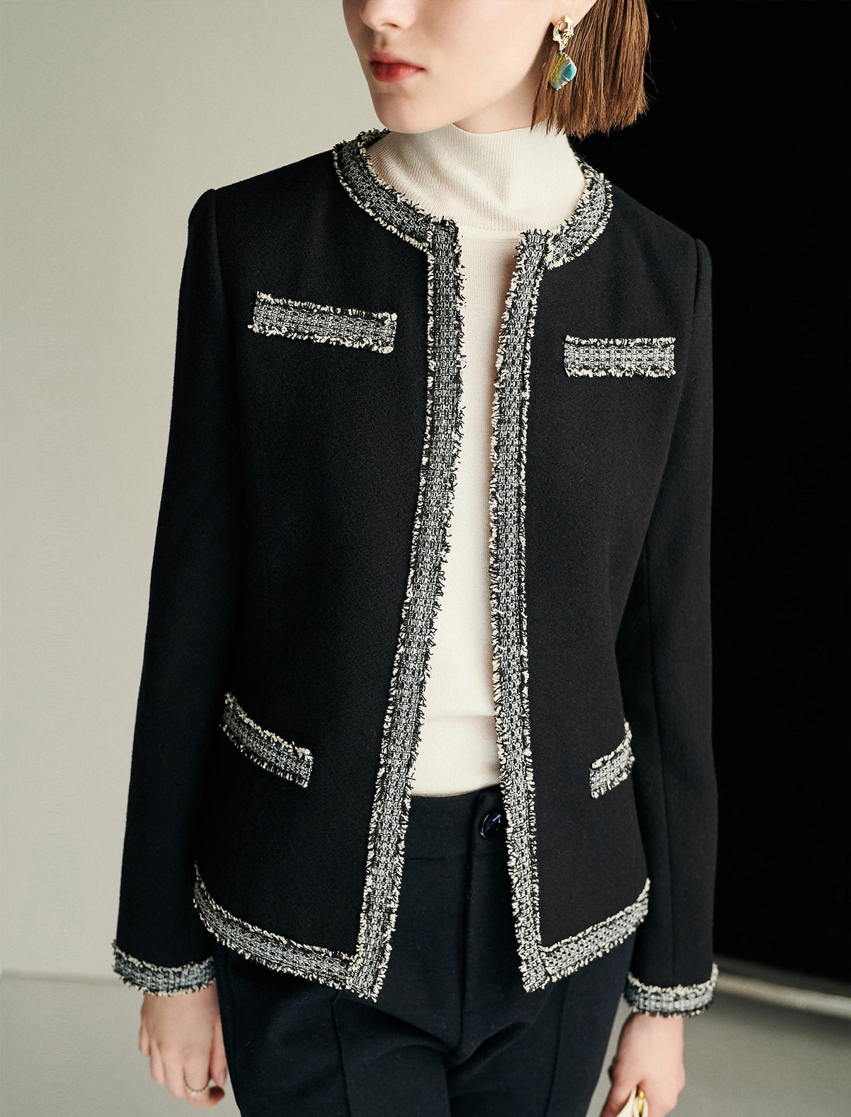 Wool Blend Braided-Trim Hook-Front Fitted Jacket