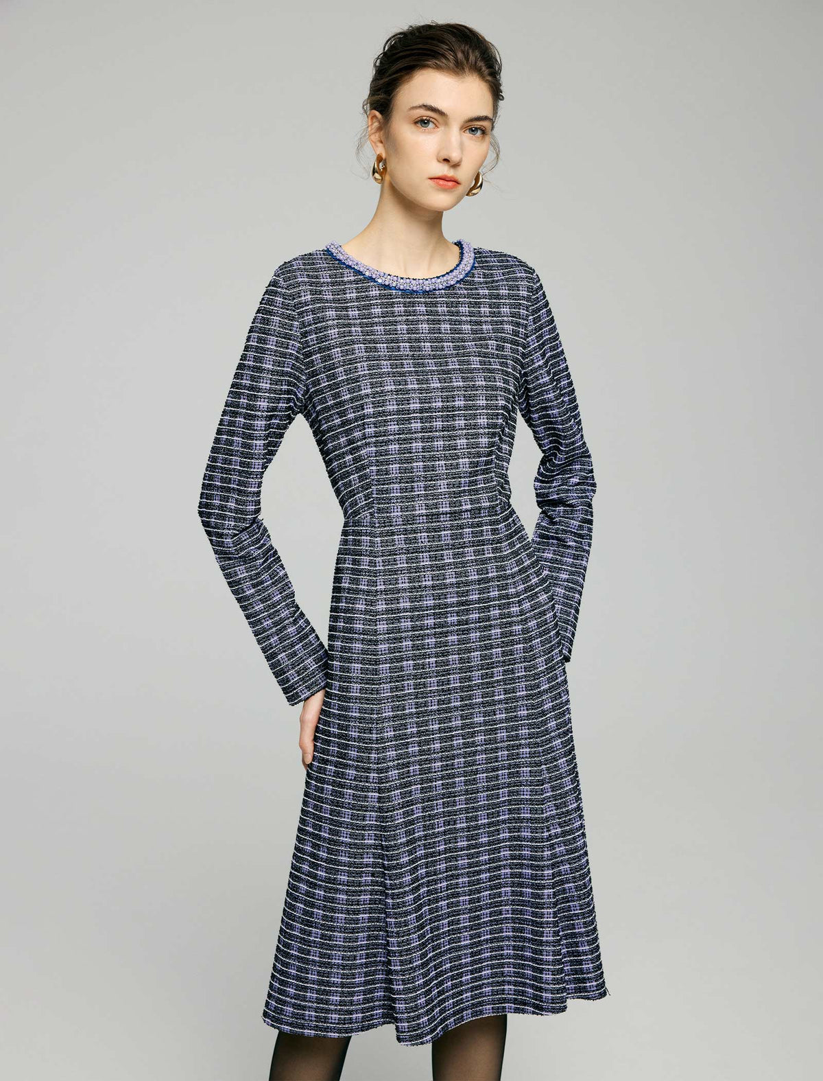 Beaded Crewneck Purple Check Fit Flare Dress