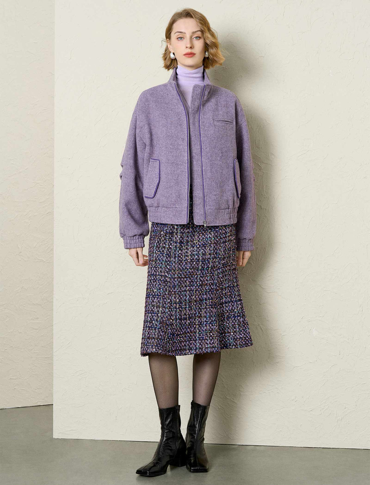 Lavender Textured Wool Blend Bomber Jacket