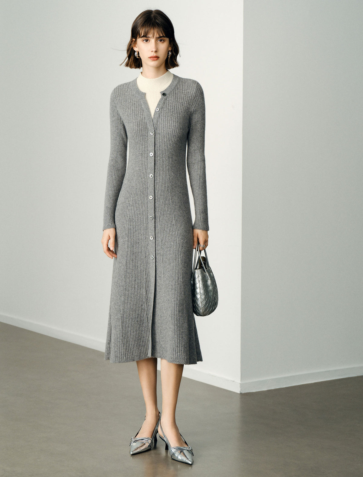 Wool Blend Long-Sleeve Button-Front Midi Dress