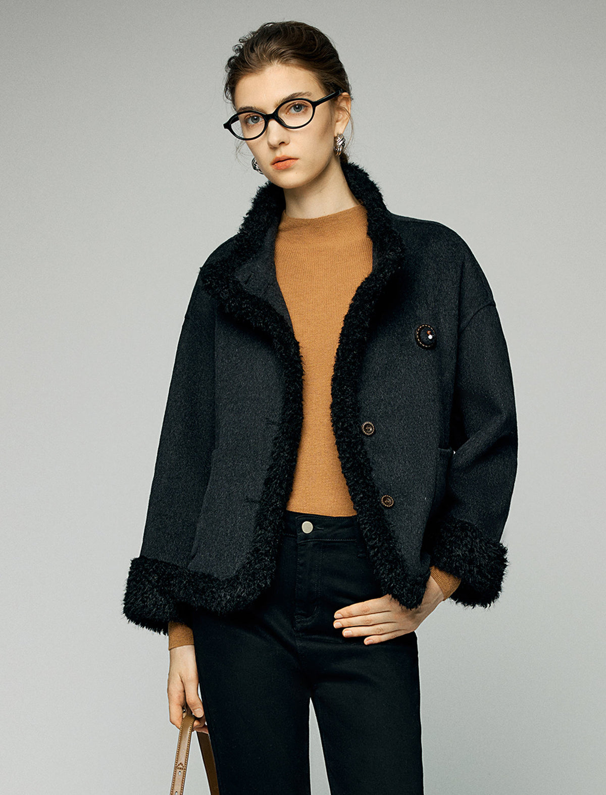 Wool Blend Contrast-Trim Button-Front Cropped Jacket