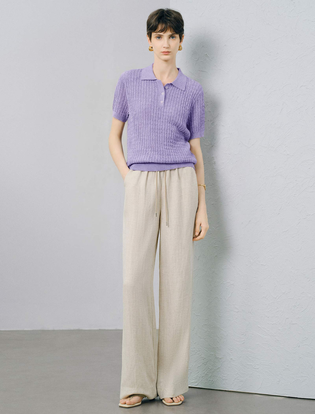 Polo Collar Textured Knit Short‑Sleeve Top