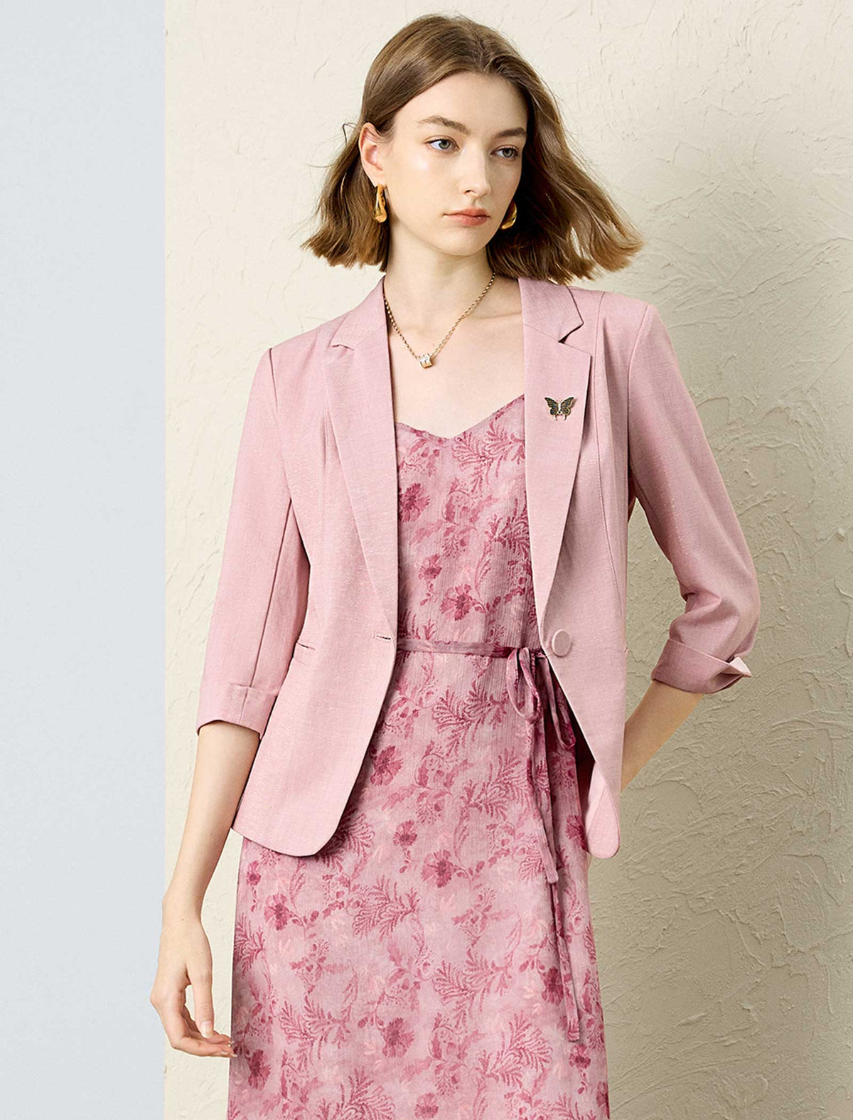 Dusty Pink Single Button Rolled Cuff 3/4 Sleeve Blazer