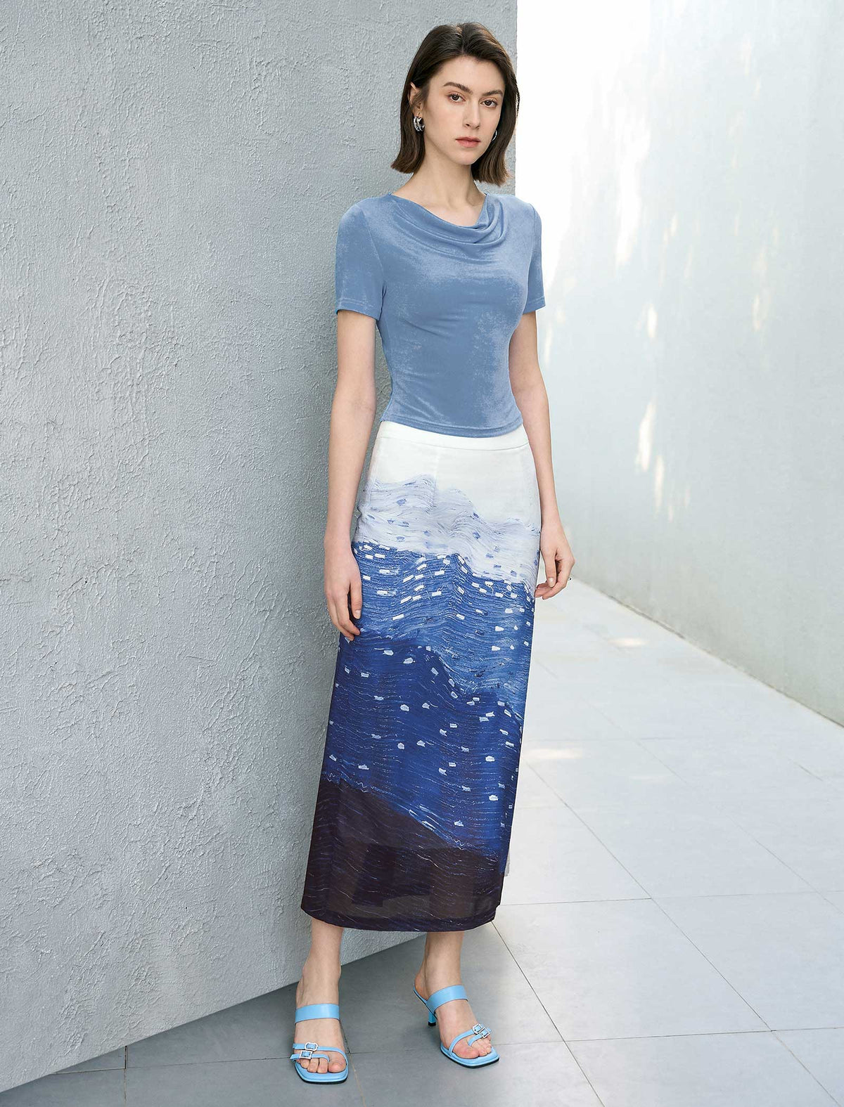 Velvet Cowl Neck Short Sleeve Top