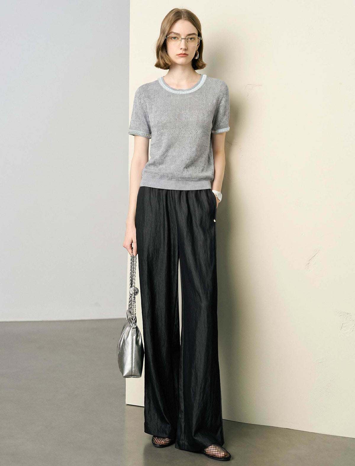 Beaded Open-Knit Short Sleeve Knit Top
