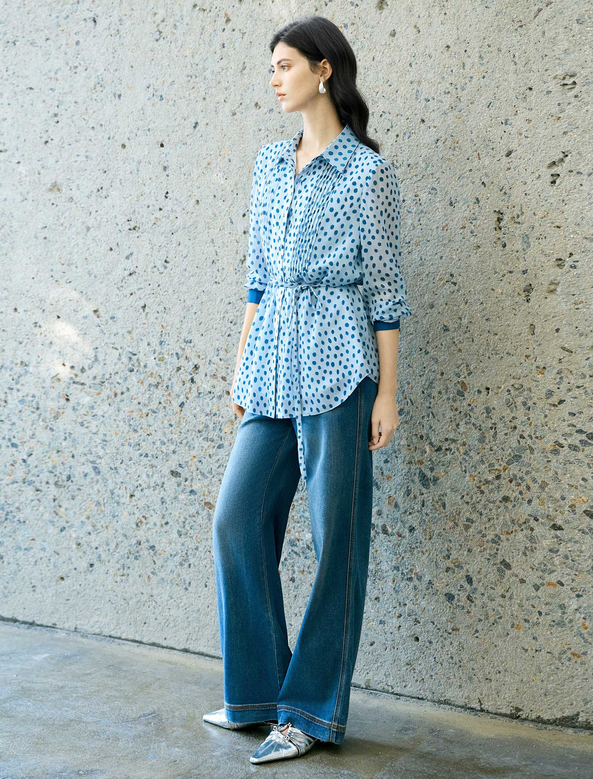 Light Blue Polka Dot Belted Shirt