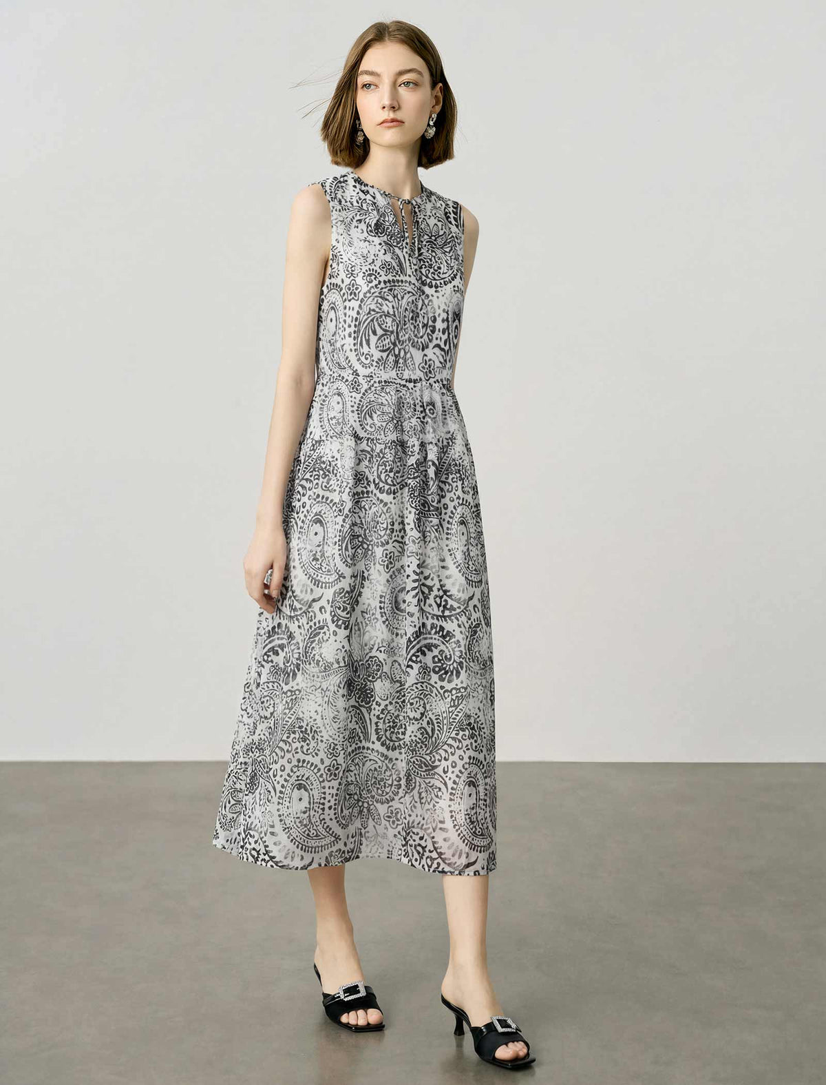 Paisley Print Tencel Linen Sleeveless Midi Dress