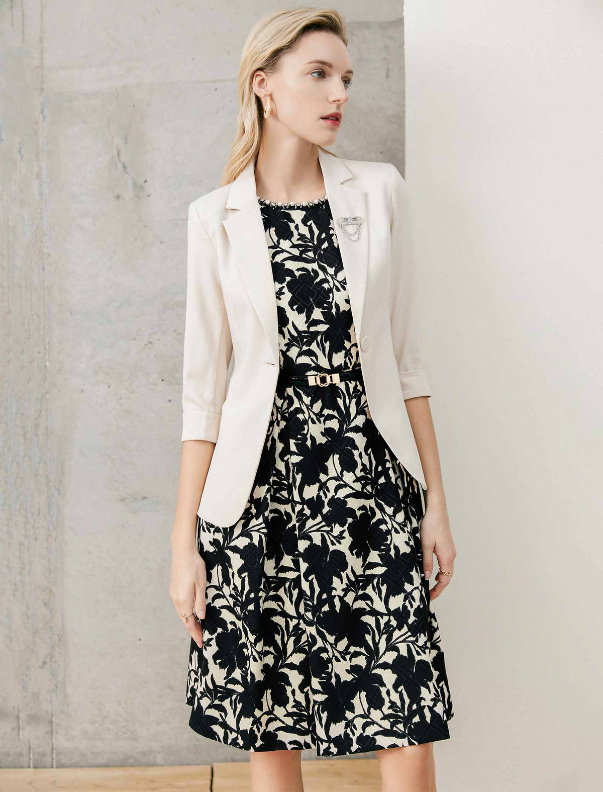 Beaded Neckline Black Floral Jacquard Sleeveless Dress