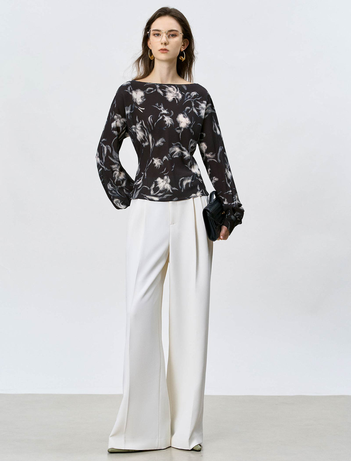 Abstract Floral Print Boat Neck Blouse