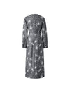 Side-Slit Waist-Cinching Printed Long Sleeve Dress