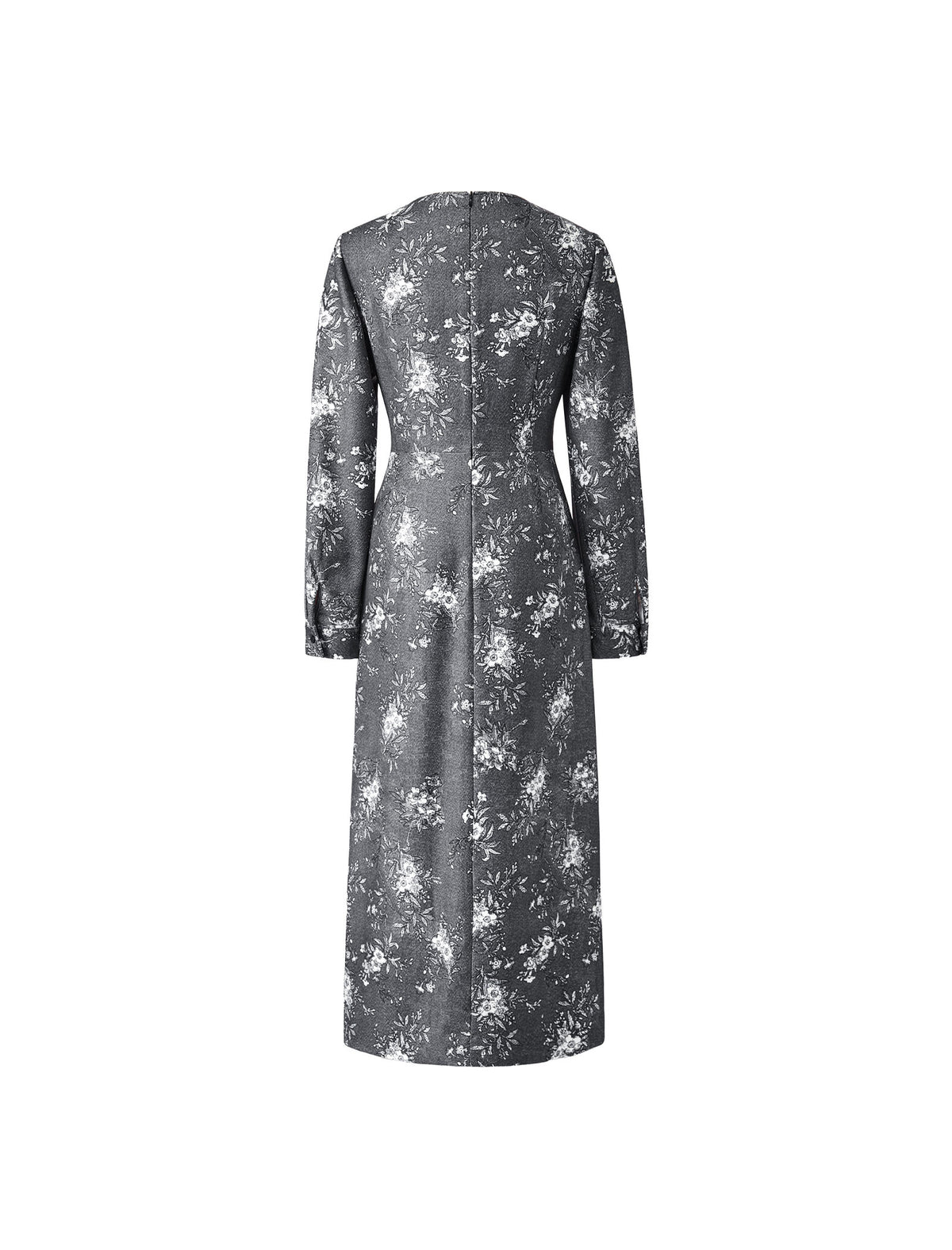 Side-Slit Waist-Cinching Printed Long Sleeve Dress