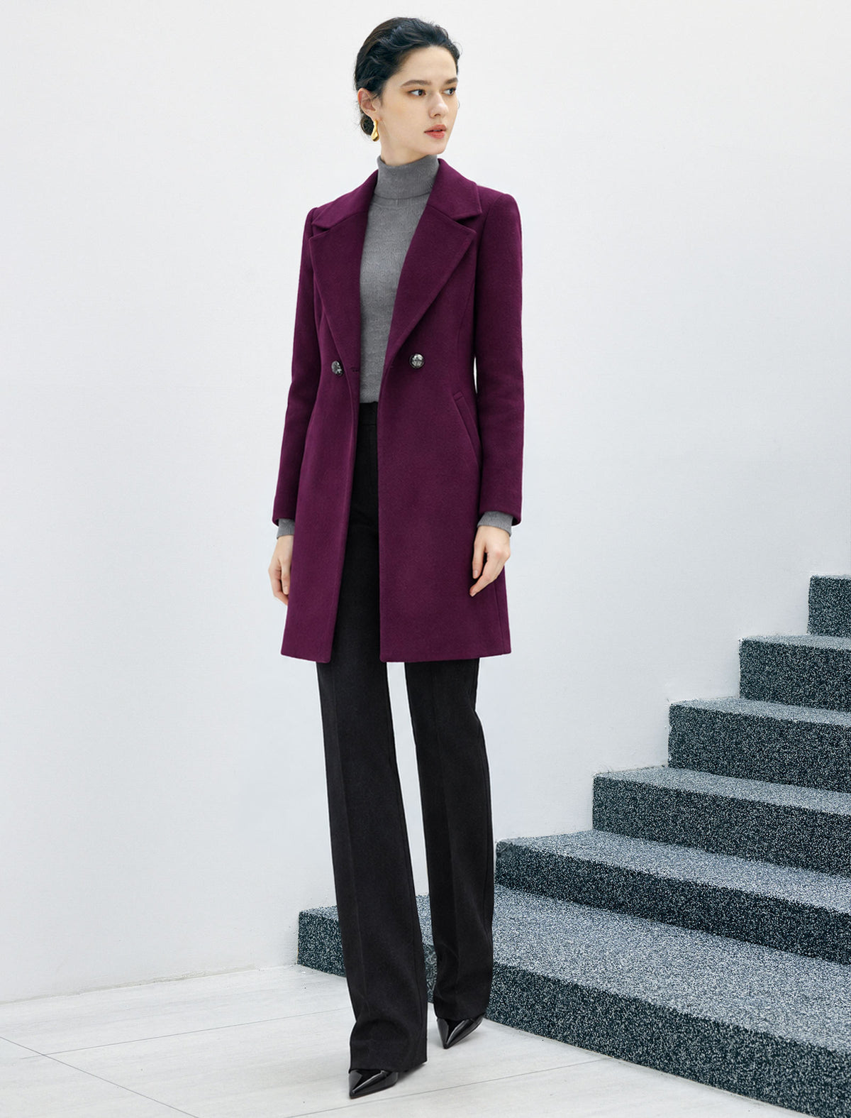 Wool Blend Solid Double-Breasted Relaxed Coat