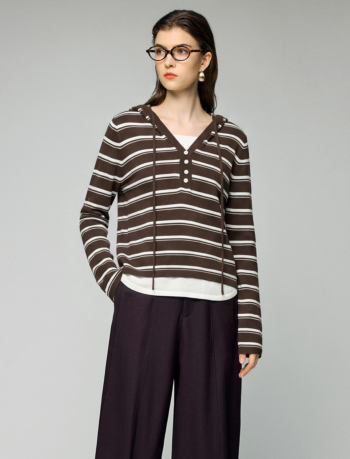 Wool and Mulberry Silk Blend Striped Hooded Drawstring Sweater