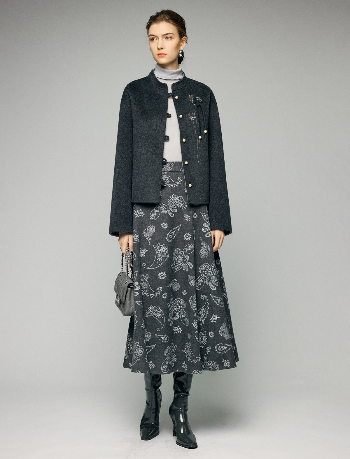 Wool Blend Frog-Button Fringe-Trim Stand-Collar Cropped Jacket