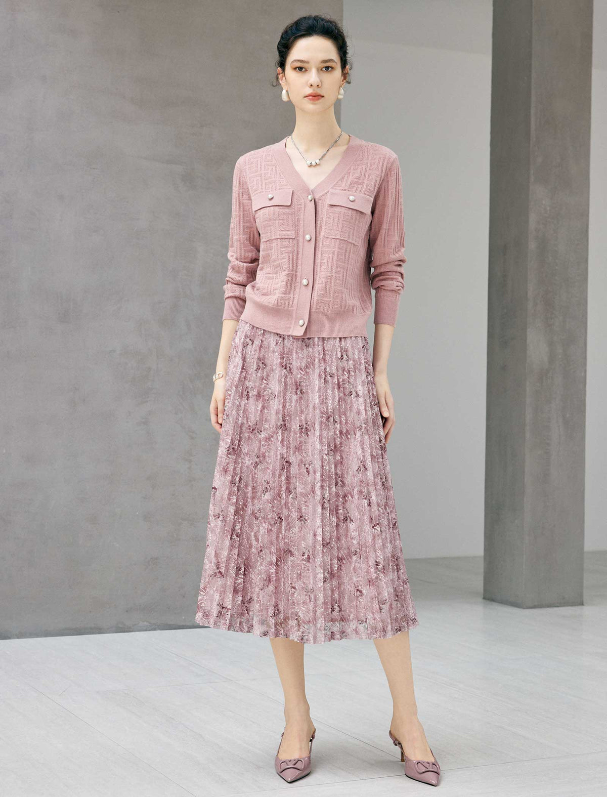 Dusty Pink Lace Pleated Midi Skirt