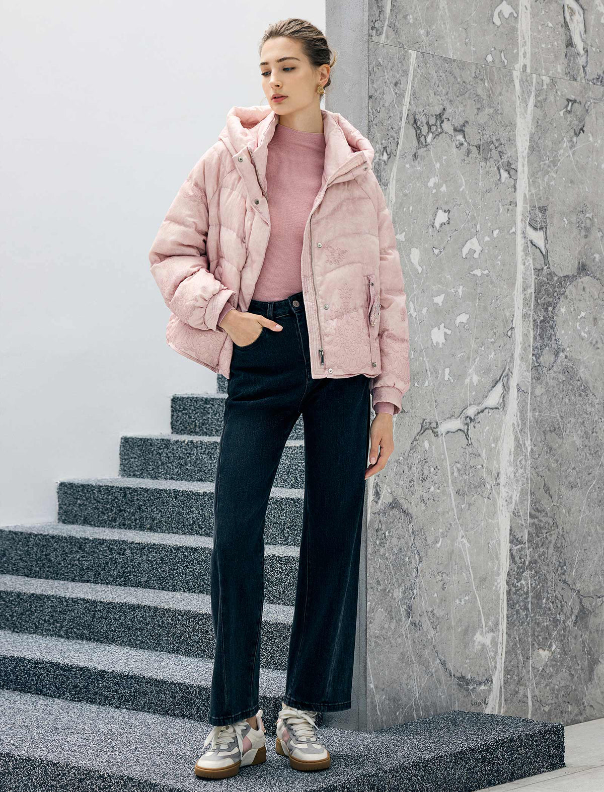 Floral Pattern Hooded Zip-Front Cropped Puffer Jacket