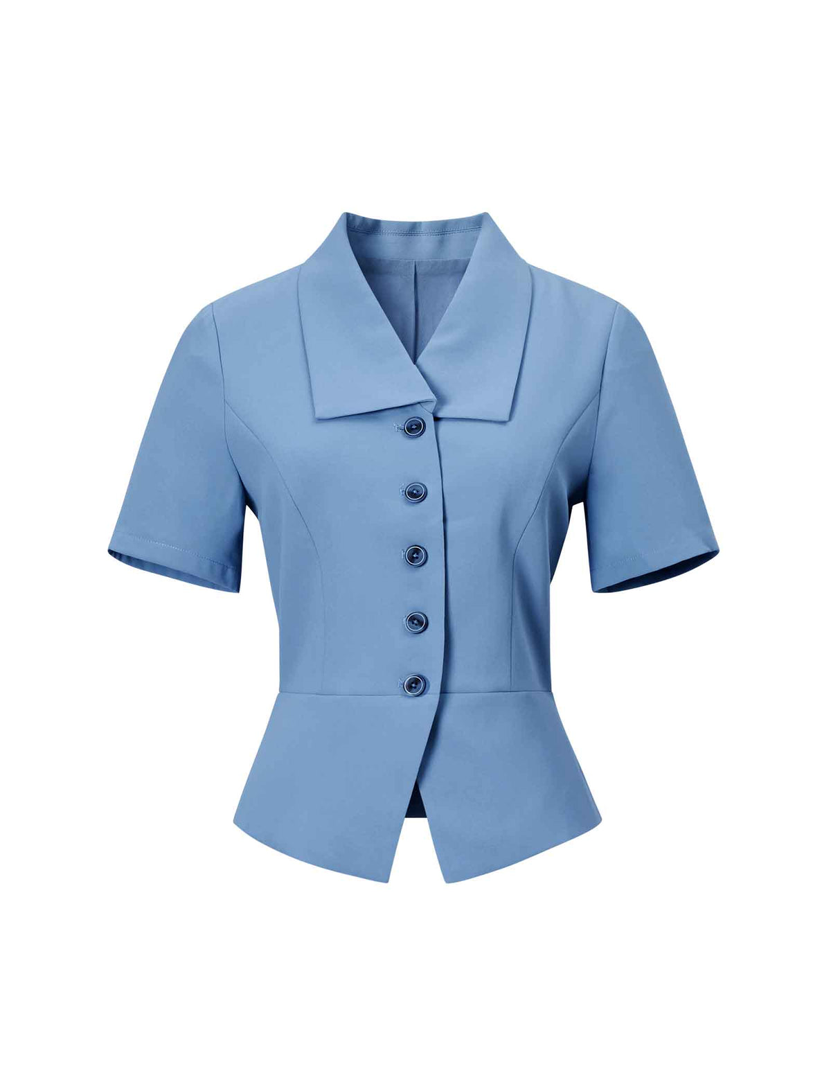Dusty Blue Collared Button Down Peplum Short Sleeve Top