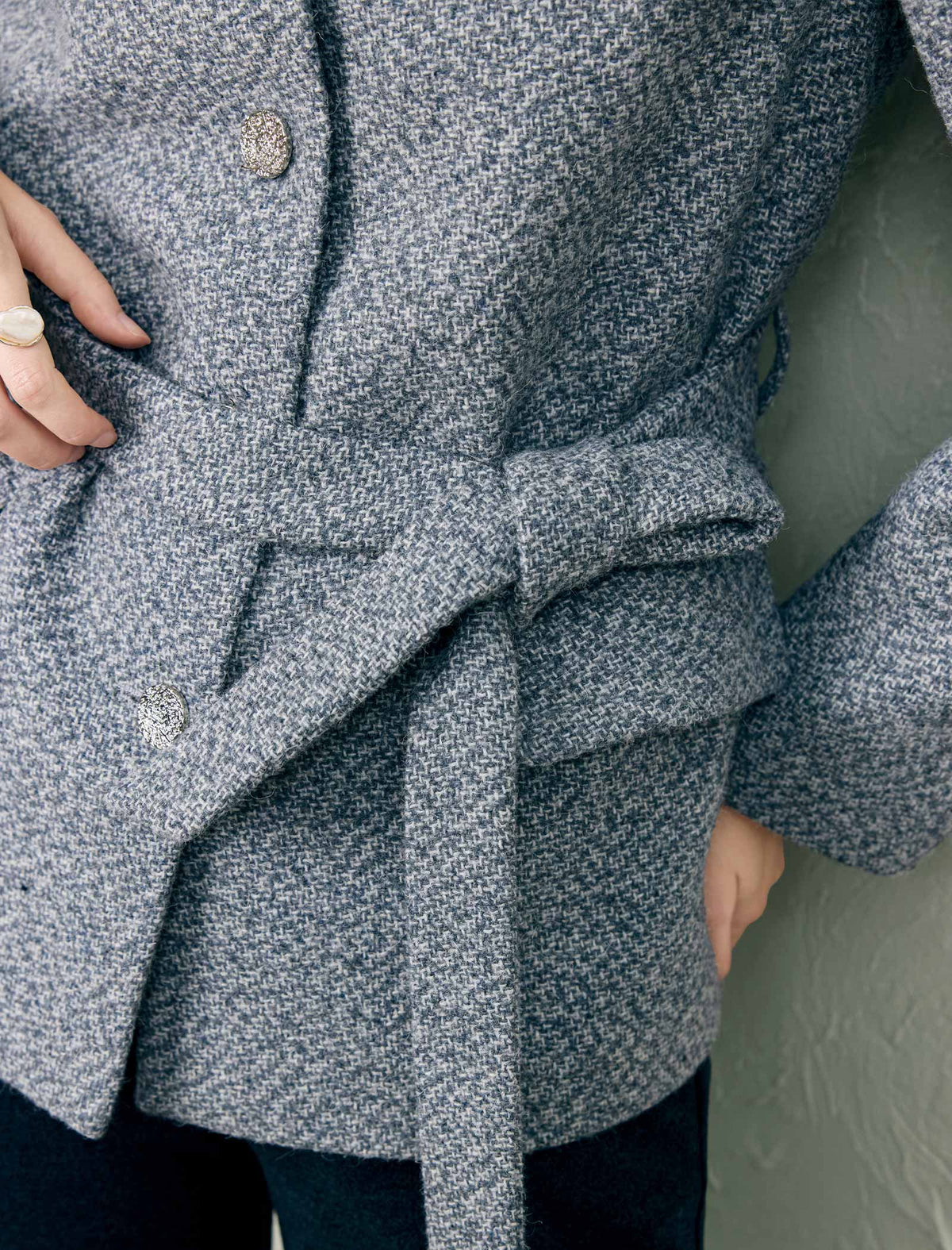 Wool Blend Textured Collared Belted Utility Jacket