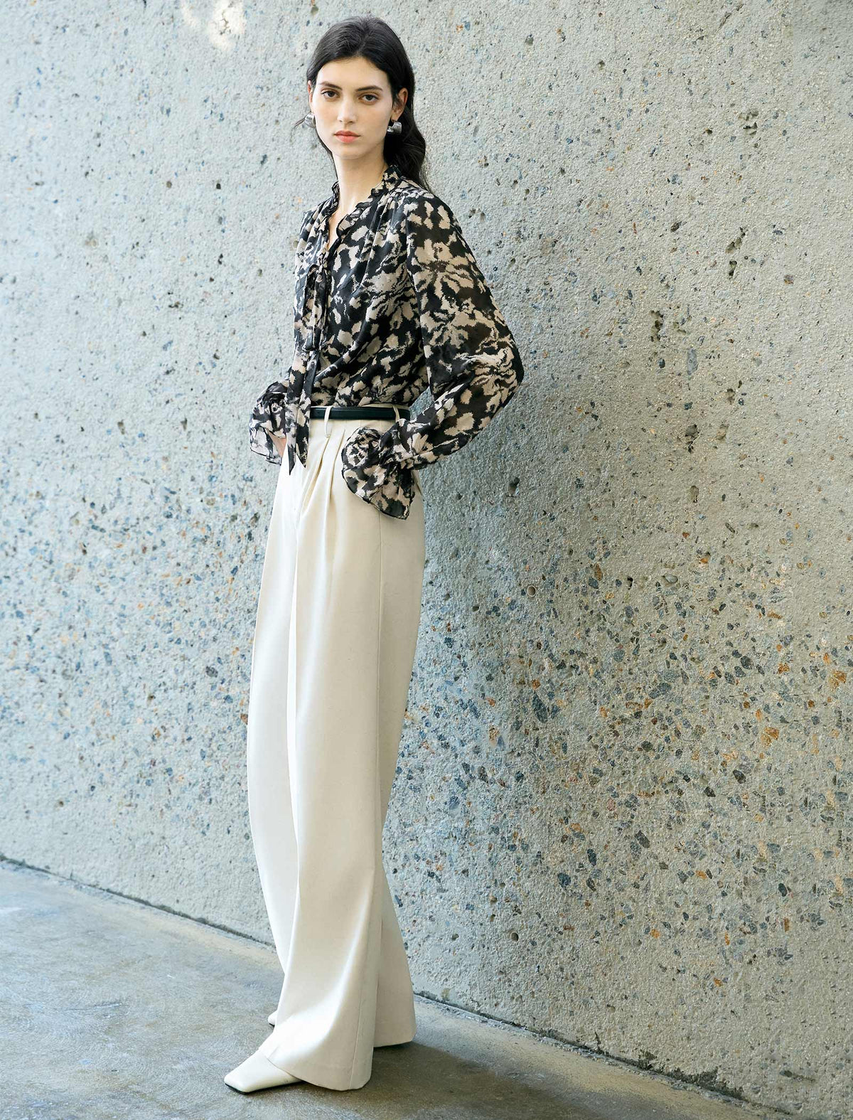 Beige High-Waisted Wide-Leg Trousers