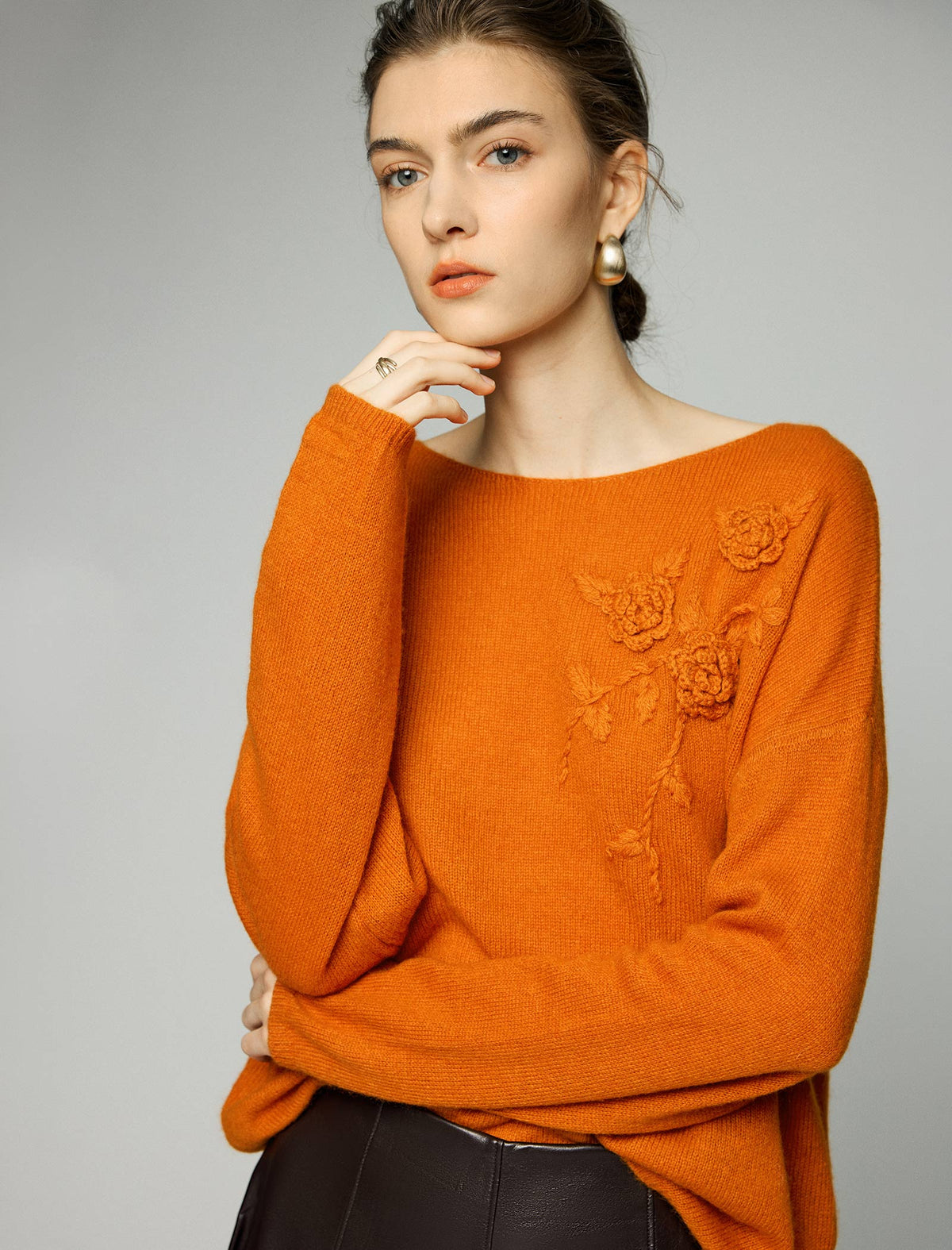 Wool Blend Floral Applique Boatneck Relaxed Sweater